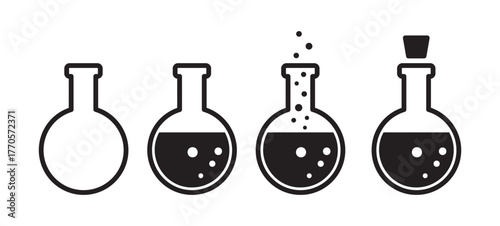 Set of chemical laboratory glass flasks. Flat vector icons for science apps and websites. Vector illustration