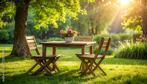 Serene Garden Retreat - Table and Chairs in Sunlight.