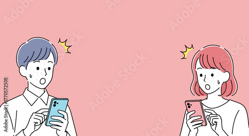 Surprised Man and Woman Looking at Their Phones with Shocked Expressions on a Pink Background