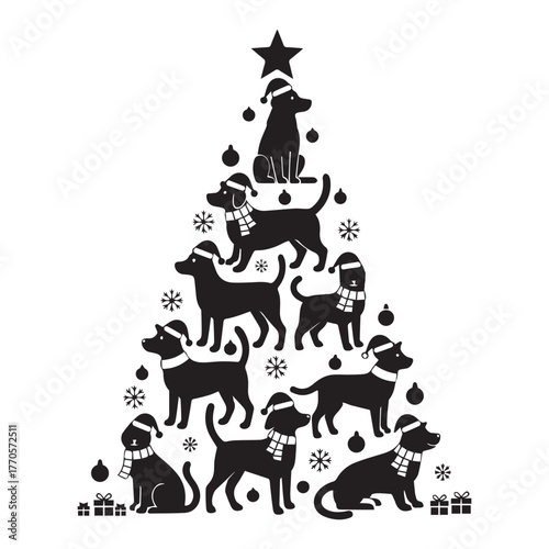 Christmas tree silhouette made of playful dogs wearing santa hats and surrounded by snowflakes and presents