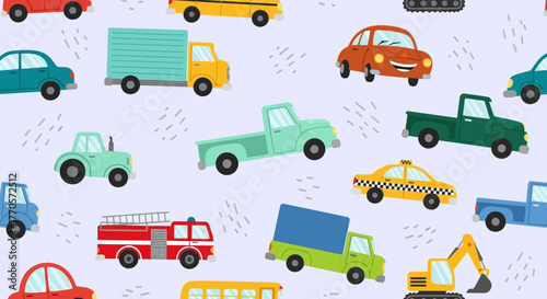Collection of various types of vehicles including trucks, cars, and a fire engine on a patterned background, perfect for children's designs and educational materials