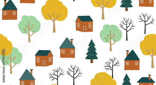 A seamless background pattern featuring whimsical hand-drawn folk art houses and a forest of colorful seasonal trees