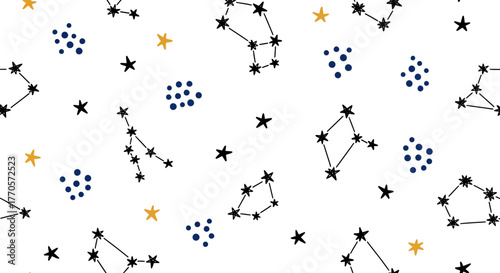 Seamless celestial pattern with hand-drawn doodle constellations and stars. A whimsical vector illustration for backgrounds, posters, and creative design projects