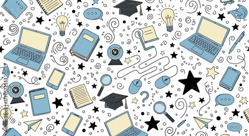 Seamless pattern design featuring modern educational tools and digital technology, ideal for contemporary learning themes, online courses, and academic content backgrounds