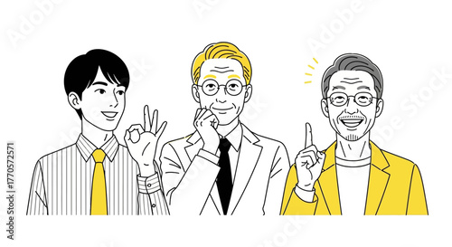 Generational collaboration and idea exchange illustrated, featuring three men expressing approval, deep thought, and the exciting revelation of a brilliant new concept