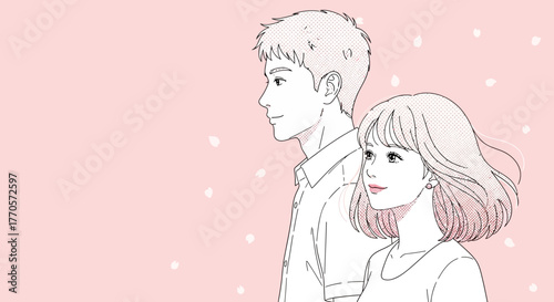 Charming hand-drawn illustration depicting a serene young couple, a man and a woman, looking forward together with gentle smiles, embodying companionship, love, and shared aspirations against a soft, 
