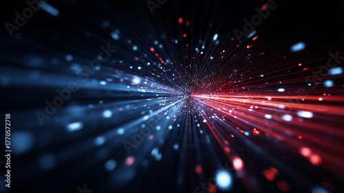 Fototapeta Naklejka Na Ścianę i Meble -  Abstract visualization of red and blue light streaks converging in a central point in the dark