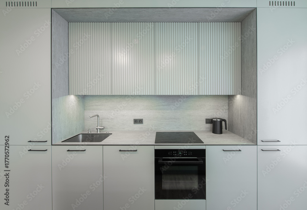 Fototapeta premium Scandinavian Style Cozy Modern Open Bright Minimalism Kitchen Home Interior.