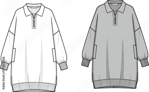 Oversized pullover sweatshirt technical fashion flat sketch, long sleeve half zip collar tunic top, casual unisex outfit, cad drawing flat vector illustration