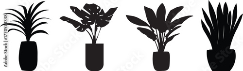Black plant silhouette vector set with potted houseplants, tropical leaves, indoor foliage and modern botanical shapes, minimal home decor illustration for design, wall art, and decoration