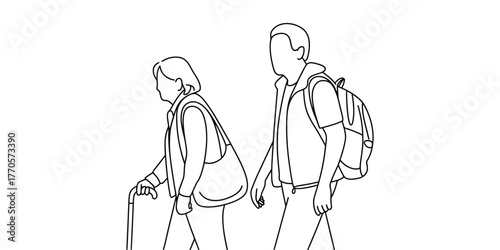 Continuous line drawing of two people walking with backpacks and a cane vector