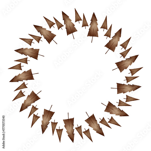 Watercolor Christmas wreath of brown wooden fir trees arranged in a round frame, Scandinavian minimalist style, natural earthy colors, cozy winter mood, isolated, vector