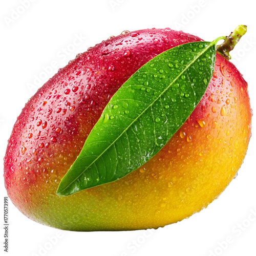 Juicy fresh mango with dew drops and green leaf close-up tropical fruit photography