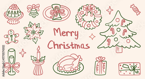 Set of Christmas doodle icons in a hand-drawn line art style. Includes tree, wreath, gifts, holiday food, and poinsettia for festive winter designs.