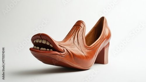 sculptural wooden shoe with grotesque mouth