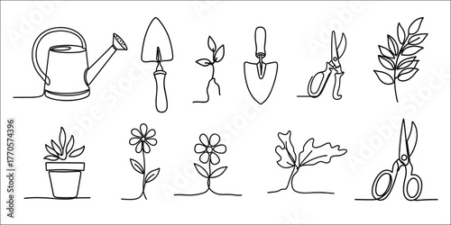 One line gardening icons set with plants, tools, and flowers in minimalist continuous line art style.