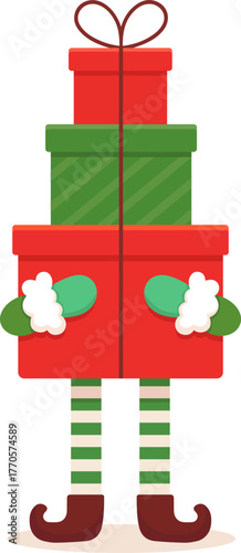Сute cartoon elf in striped tights holding a pile of Christmas gifts boxes. Holiday season postcard. Vector illustration in flat style