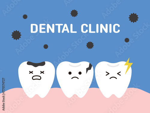 Illustration of a tooth with a cavity, a crack, and pain, with bacteria and the text "DENTAL CLINIC." Suitable for dental issues, oral hygiene, toothbrushes and toothpaste, and dental advertising.