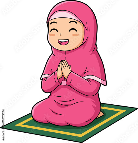 Muslim girl praying on mat, cute Islamic child illustration, peaceful worship moment, modest dress, faith, spirituality, religion concept