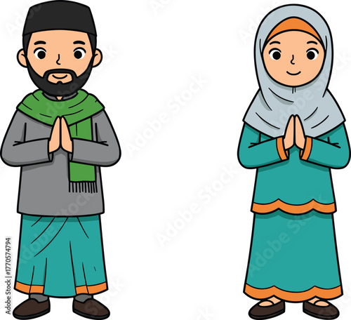 Muslim man and woman greeting respectfully, Islamic couple illustration, traditional clothing, cultural respect, peace gesture, religion and diversity concept