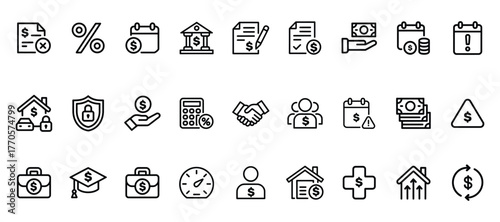 Financial and investment icons set, representing money, banking, and economic concepts