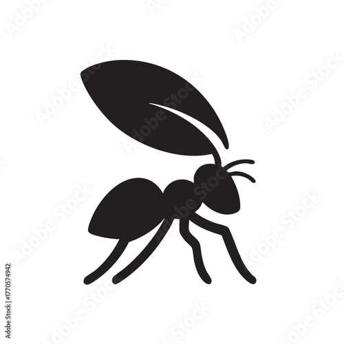 Simple black silhouette of an ant carrying a leaf overhead