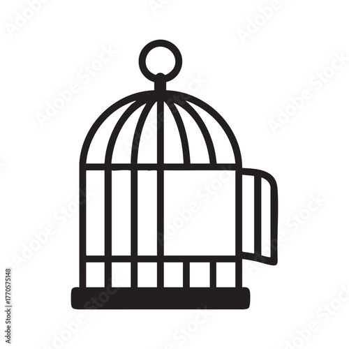 Simple black and white illustration of an empty birdcage with open door