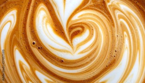 Macro full-frame of latte art coffee microfoam showing smooth swirls, bubbles, and creamy brown-white texture