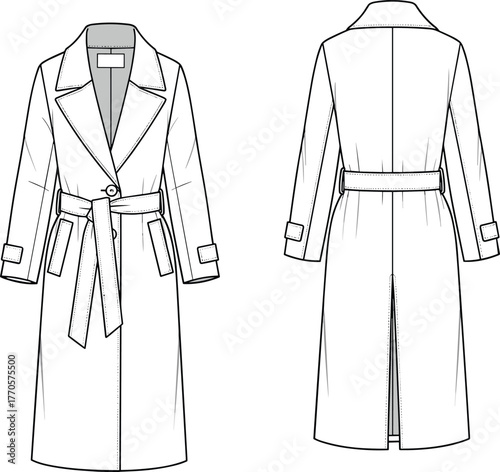 Trench coat technical flat sketch, fashion cad drawing, belted outerwear illustration, garment construction template, coat vector outline, cad drawing flat vector illustration
