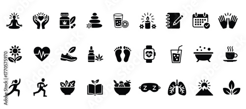Collection of wellness and selfcare icons for promoting healthy lifestyle