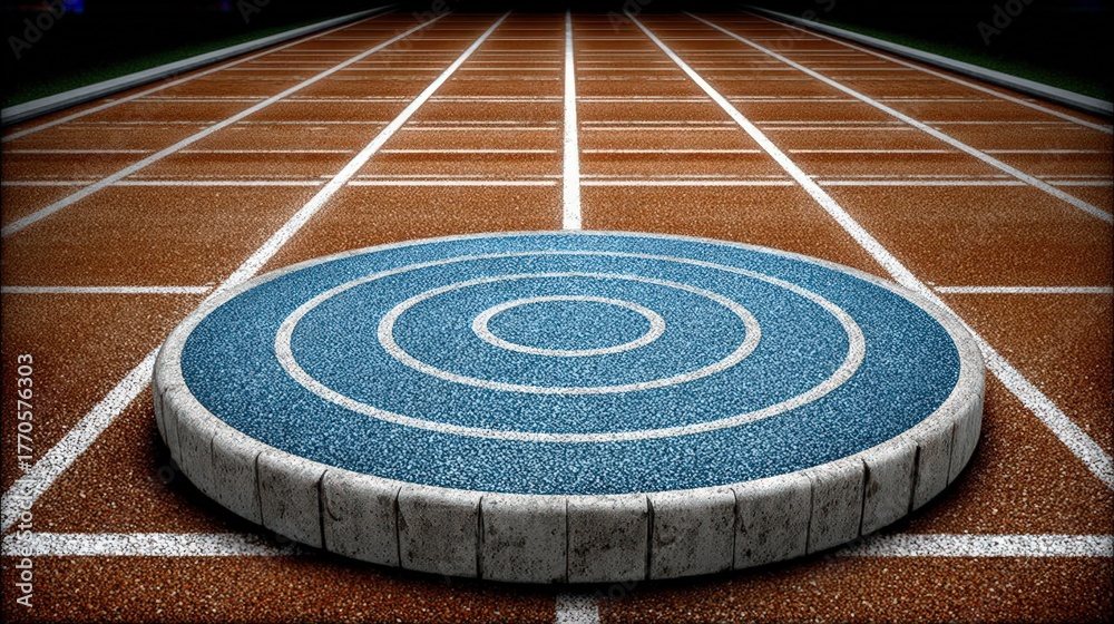 Obraz premium Circular Shot Put Platform on an Empty Athletic Track with Lane Markings and Dark Background