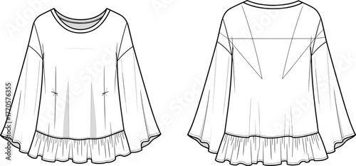 “Elegant flared sleeve blouse cad drawing flat vector illustration, feminine ruffle hem top design, loose fit fashionable garment template”

✅ Keywords for Adobe Stock