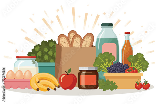 Vector illustration of a collection of fresh groceries including fruits, vegetables, bread, eggs, and dairy products