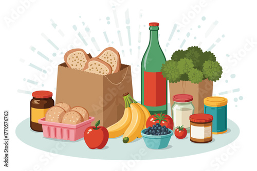 Vector illustration of a colorful assortment of groceries including bread, fruits, vegetables, and jars, suggesting a healthy lifestyle and shopping