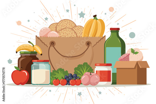 Vector illustration of collection of food items and drinks in a shopping bag, featuring fresh produce and pantry staples