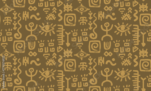 Seamless tribal texture background combining human figure, spiral and eye motifs in african mexican aztec vector pattern. Ethnic face inspired composition suitable for print or fabric. Brown color bg
