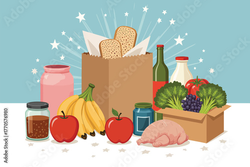 Vector illustration of a diverse selection of food products including fruits, vegetables, meat, bread, and jars, arranged on a white surface