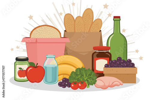 Vector illustration of assortment of fresh groceries and pantry staples including bread, fruits, vegetables, and meat