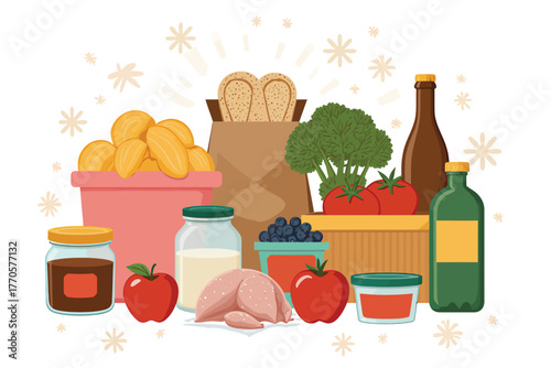 Vector illustration of variety of food items including fruits, vegetables, bread, and meat, presented in a still life arrangement