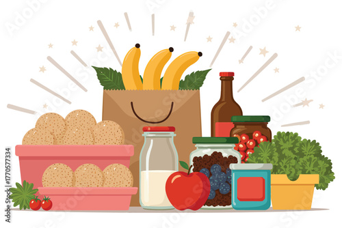 Vector illustration of a collection of groceries including bananas, bread, jars, and vegetables, isolated on a