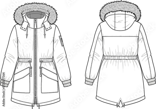 Winter parka jacket technical flat sketch, hooded coat with fur trim, long sleeve outerwear fashion design, vector clothing illustration template