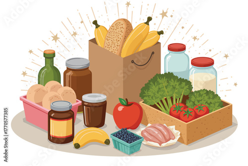 Vector illustration of assortment of fresh groceries like fruits, vegetables, bread, and meat, isolated on a