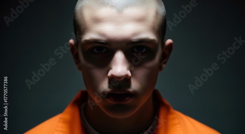 Young caucasian man with shaved head in orange jumpsuit looking directly at viewer with intense expression. Concept of criminal justice and prison.