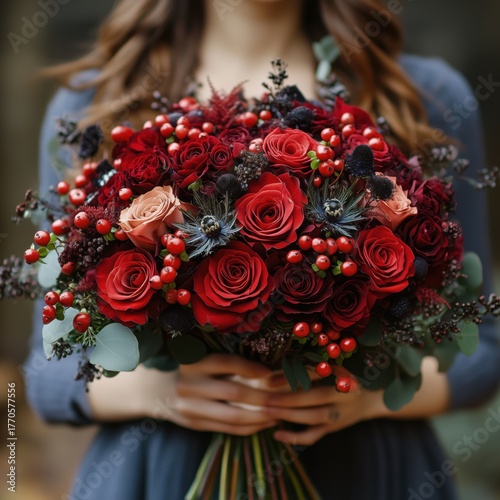 A woman holding a bouquet of red roses