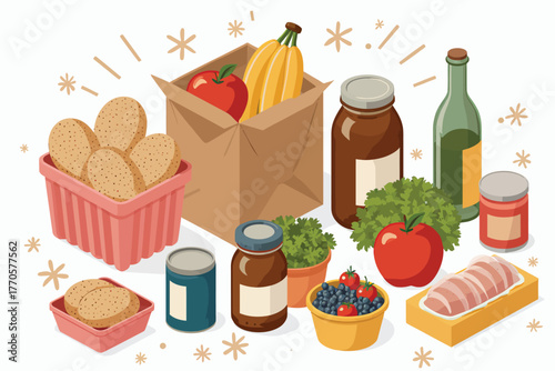 Vector illustration of a collection of groceries including fruits, vegetables, bread, meat, and canned goods, arranged in a visually appealing manner