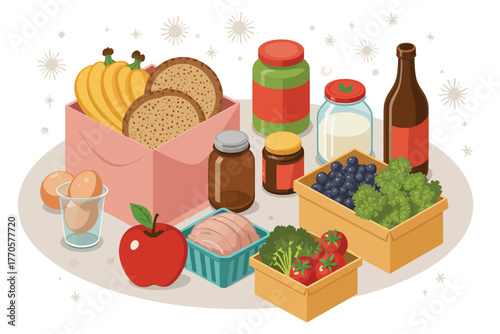 Vector illustration of assortment of food items like fruits, vegetables, bread, meat, and preserves, presented on a platter