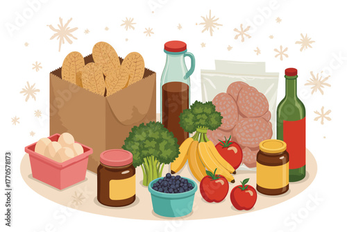 Vector illustration of collection of food items for a healthy diet, including bread, fruits, vegetables, meat, and dairy