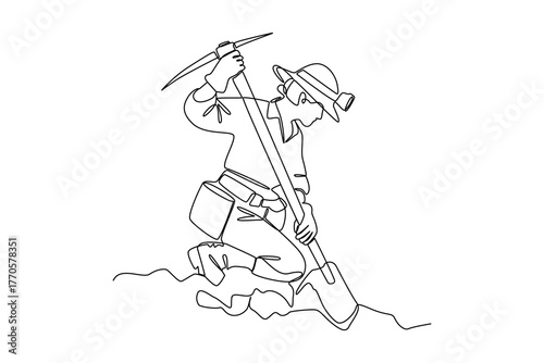 Simple continuous line of mining activity. Simple line, creativity, vector.