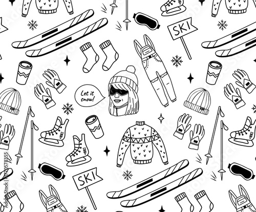 Seamless black and white pattern with hand-drawn ski and winter accessories: skis, poles, skates, gloves, sweaters, socks, hats, thermoses, overalls, snowflakes, and speech bubbles. Perfect for fabric