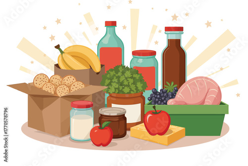 Vector illustration of a collection of fresh food items including fruits, vegetables, meat, and pantry staples, arranged together on a surface